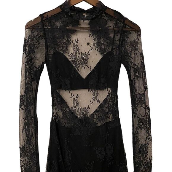 NBD Delilah Lace Long sleeve Sheer Overlay Mini BodyCon Sheath Dress - Picture 6 of 16